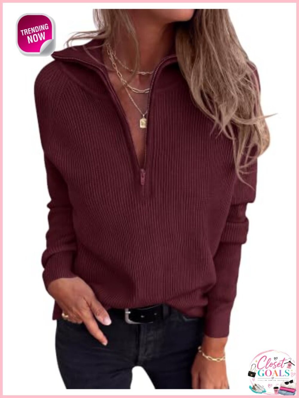 Quarter Zip Ribbed Knit Pullover Sweater Womens Long Sleeve Stand Collar